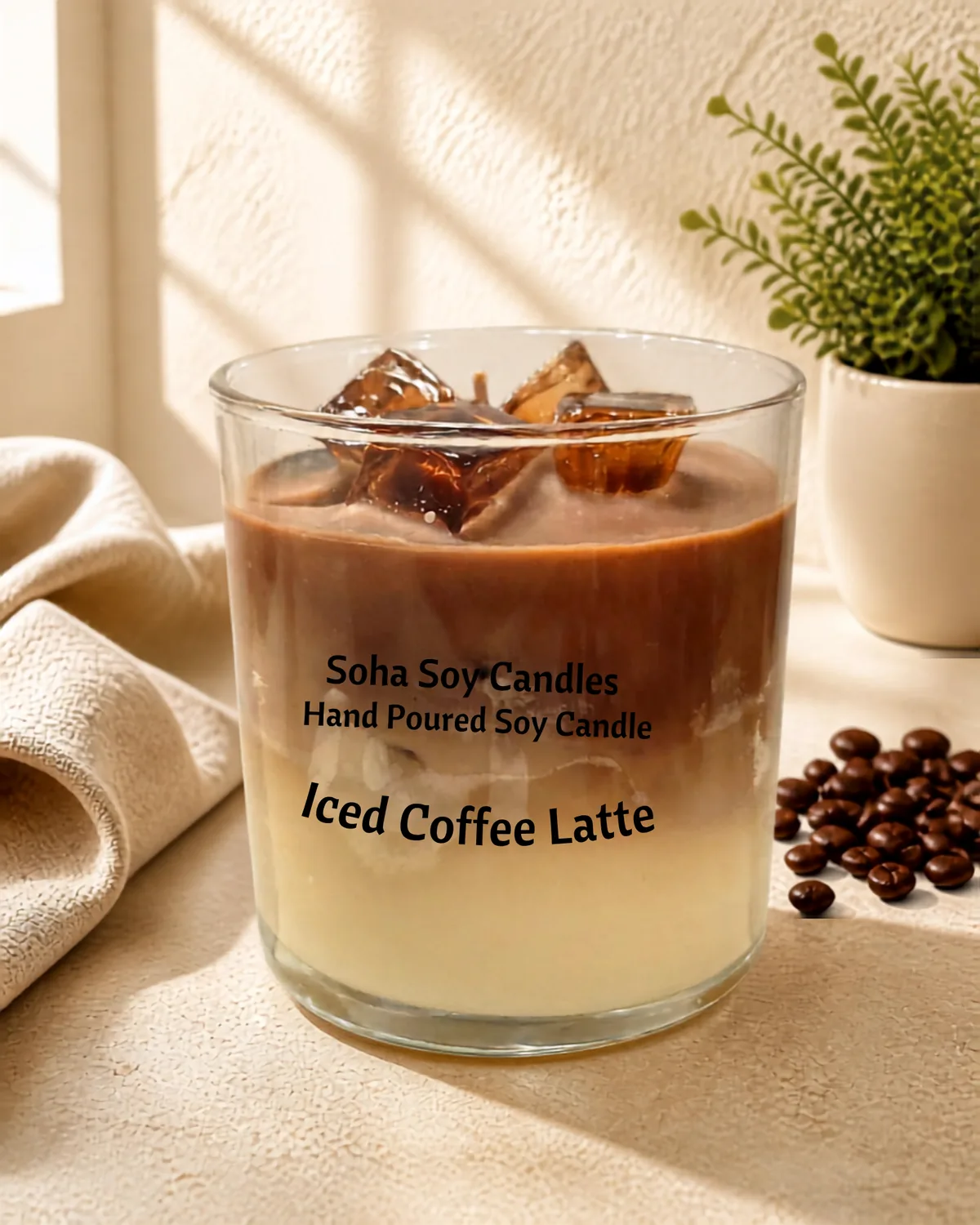 Iced Coffee Latte soy candle with realistic wax ice cubes