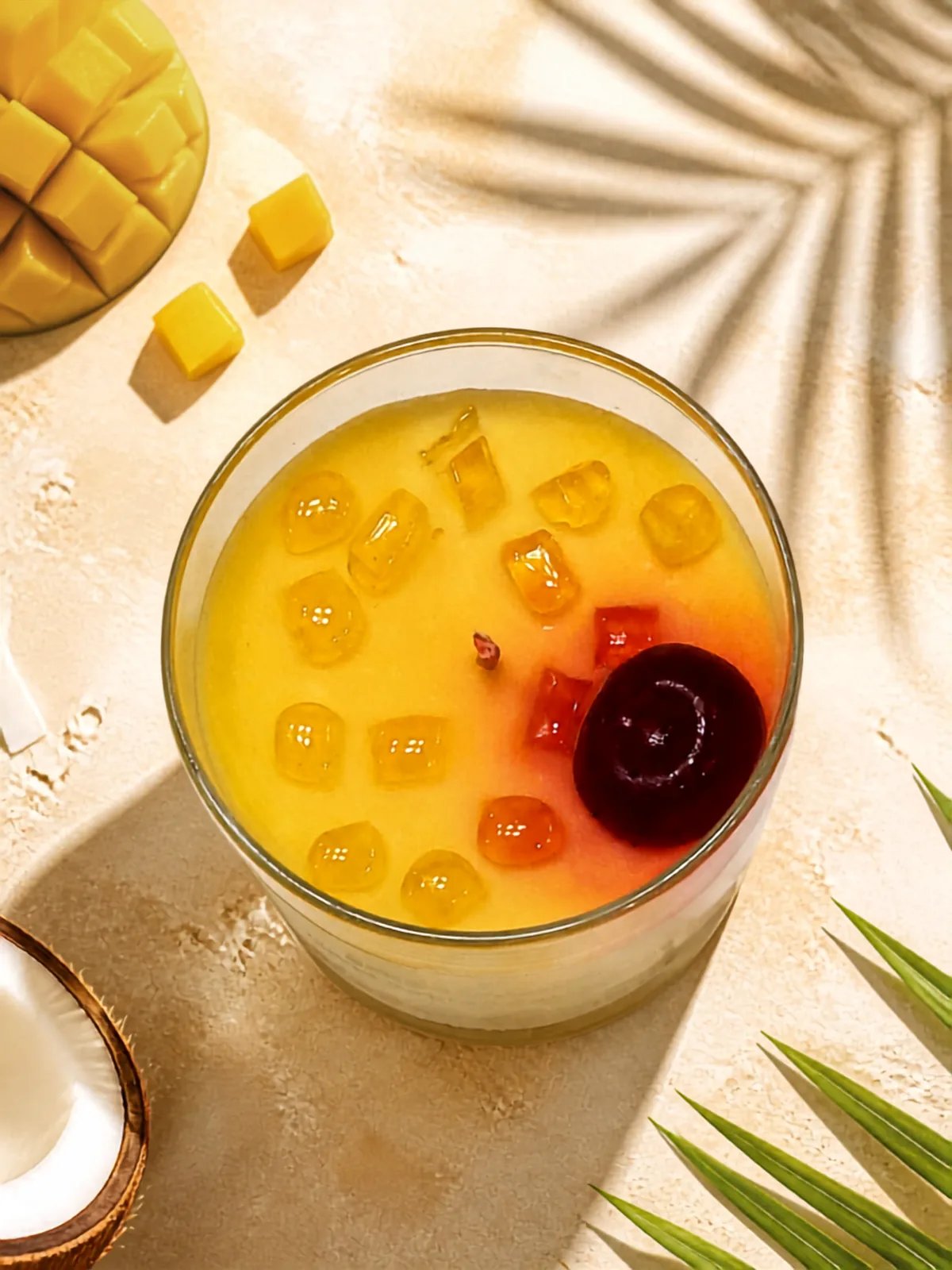 Top view of Mango Coconut Slush candle with colorful wax toppings