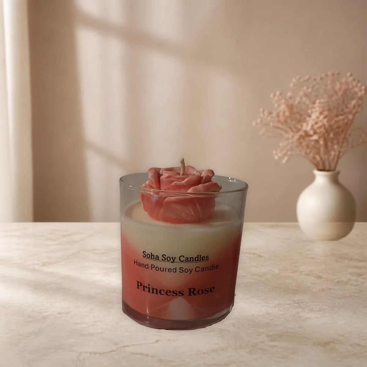 Princess Rose soy candle styled in soft neutral floral decor