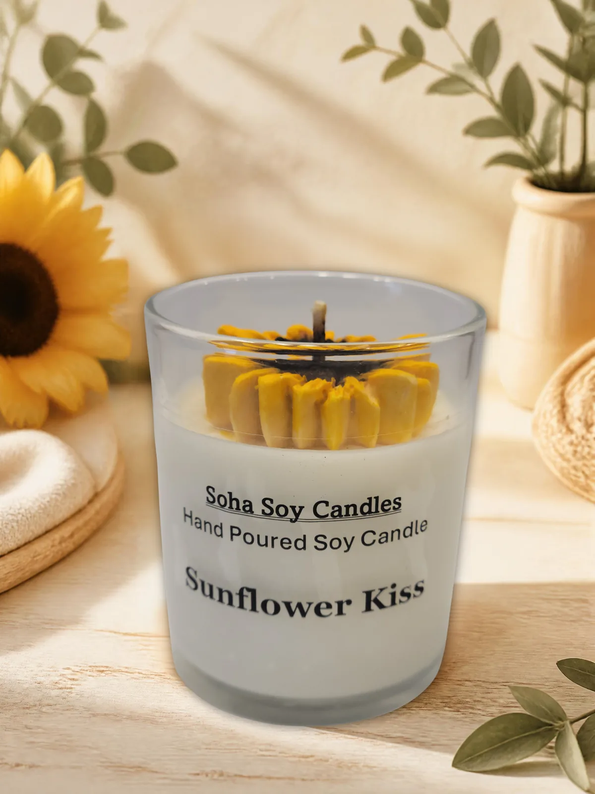 Sunflower Kiss soy candle with a detailed yellow sunflower wax topper