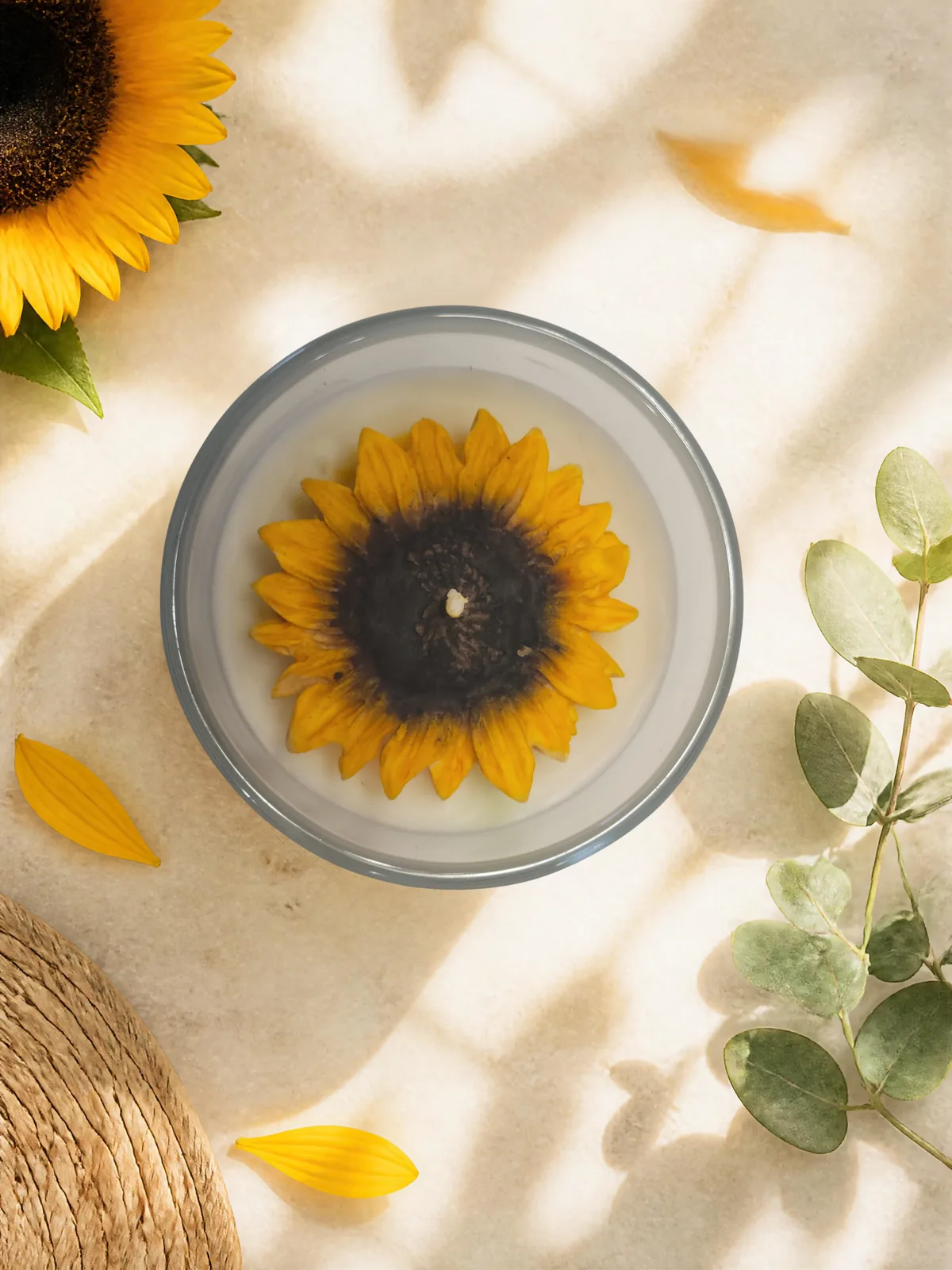 Top view of the handcrafted sunflower wax topper on Sunflower Kiss