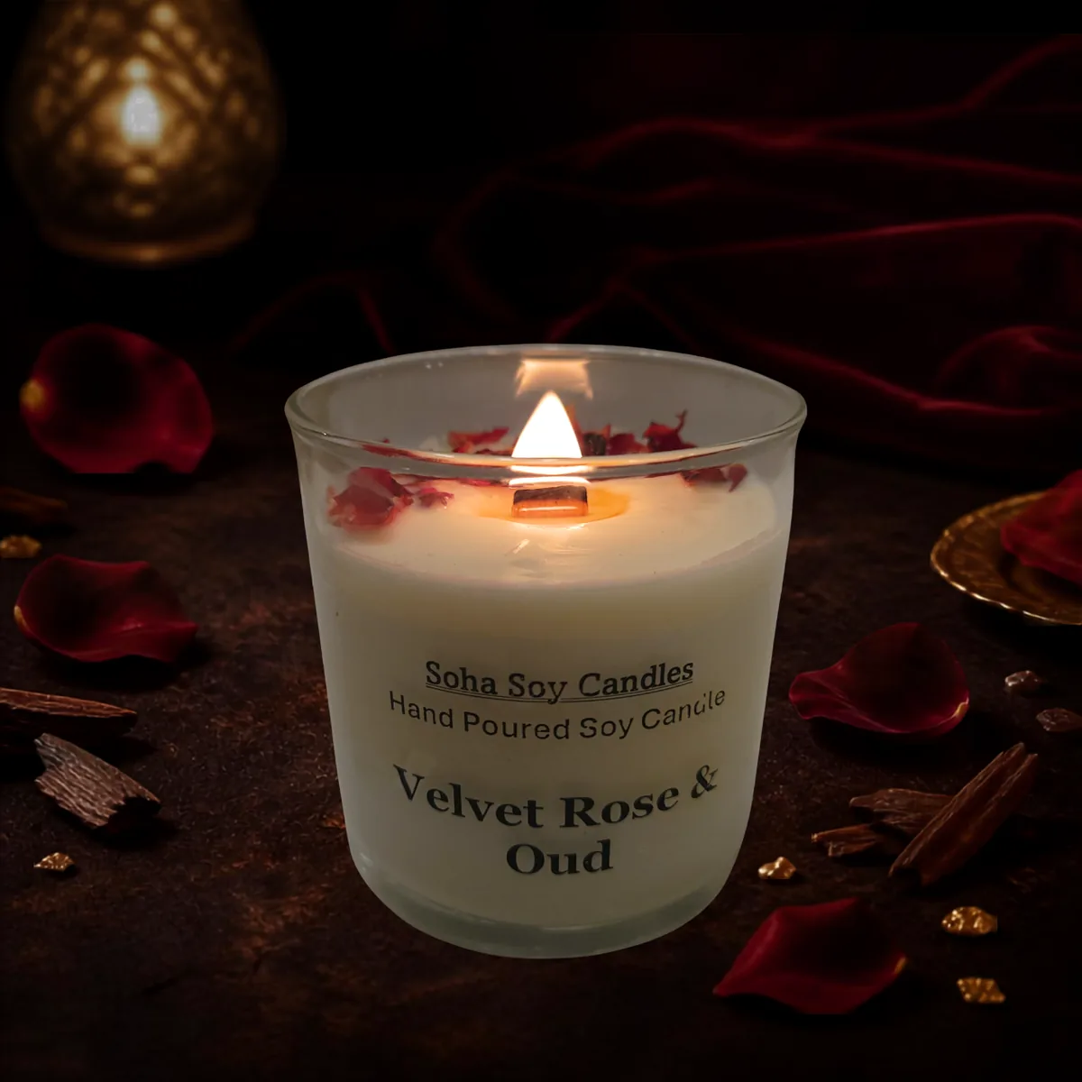 Burning Velvet Rose and Oud soy candle with wooden wick