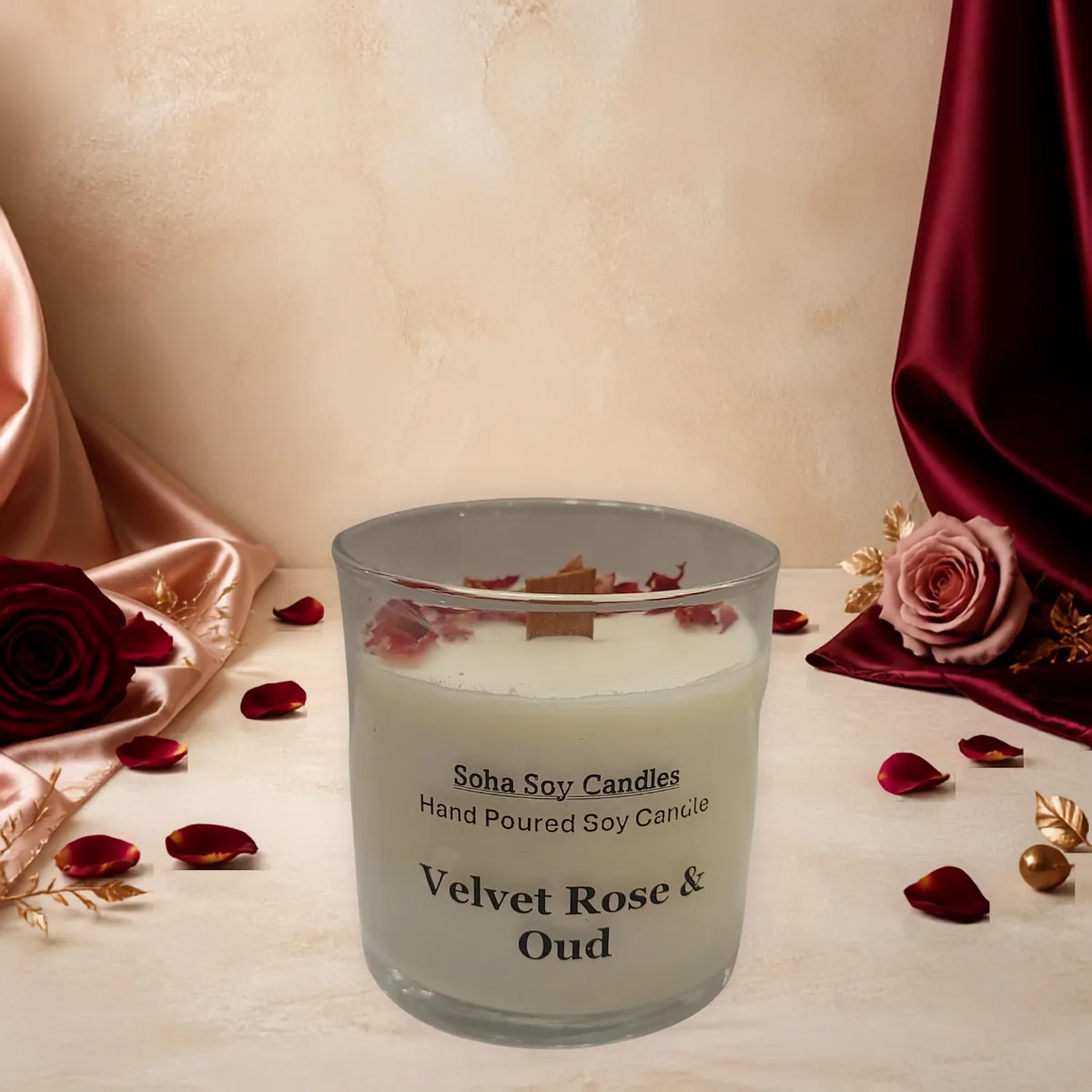 Velvet Rose and Oud soy candle with dried rose petals and a wooden wick